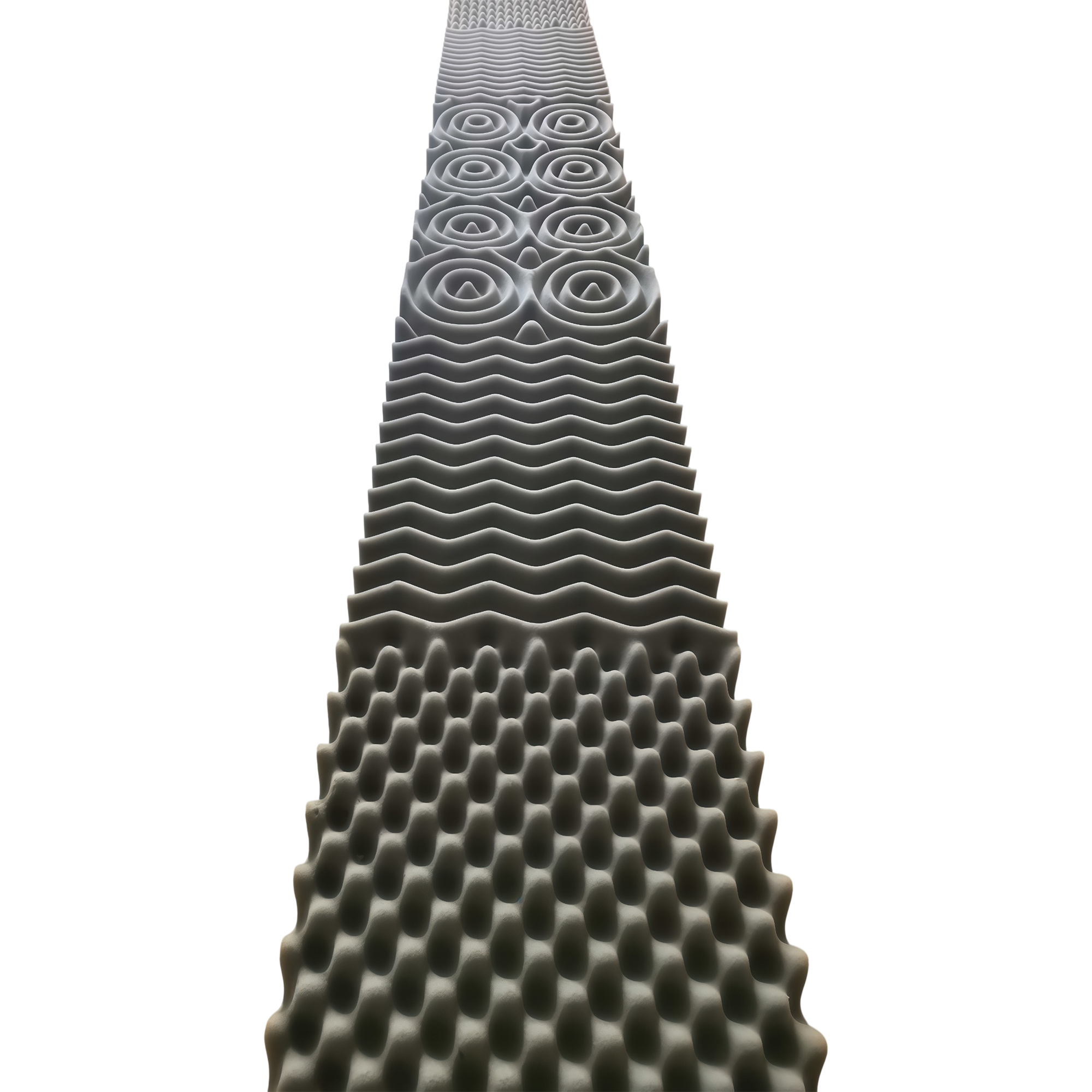 Representative grey acoustic PU foam strip with egg-crate peaks, wave ridges and concentric ring patterns receding into the distance