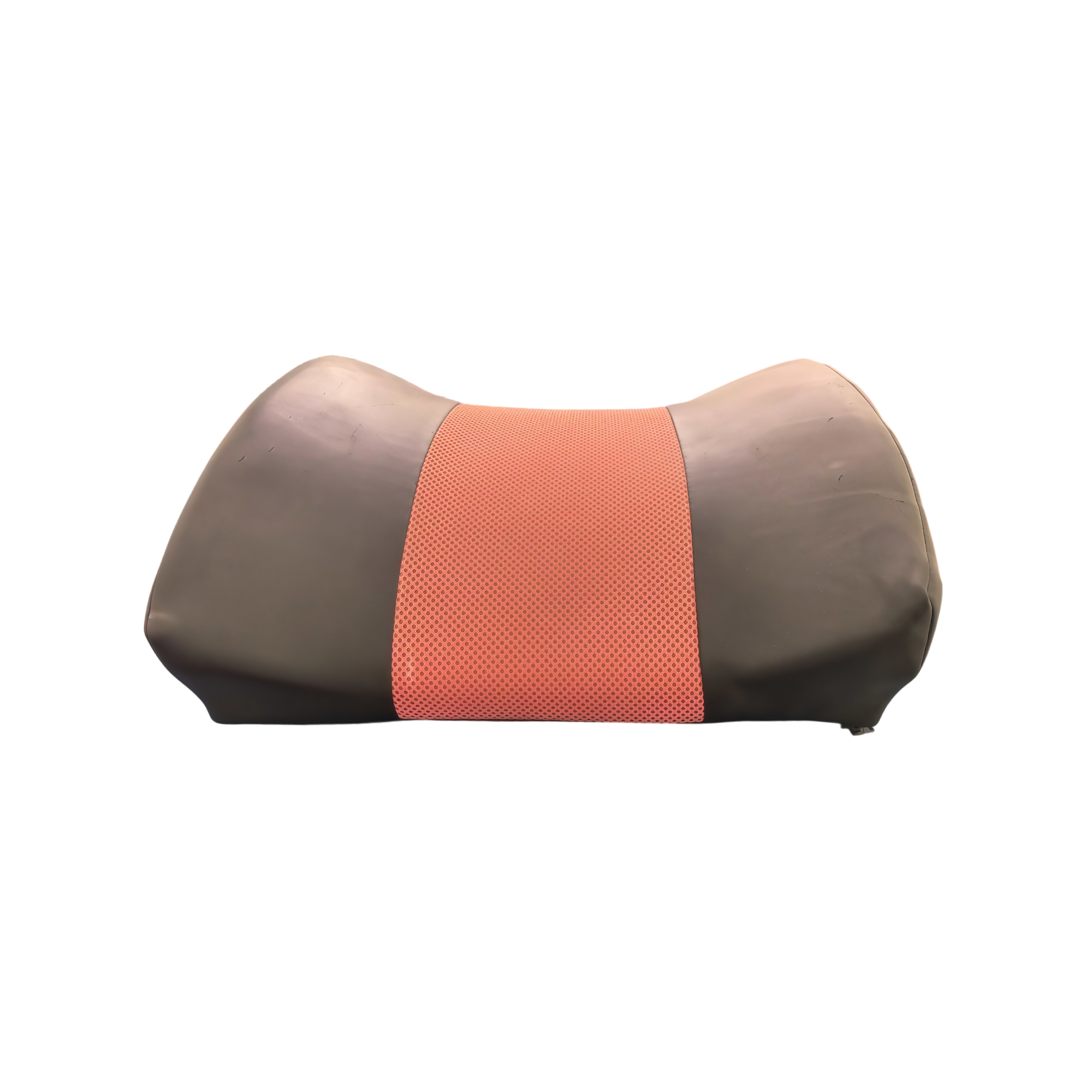 Representative bedding and home textile foam sample: a cushion with dark smooth sides and an orange mesh centre panel