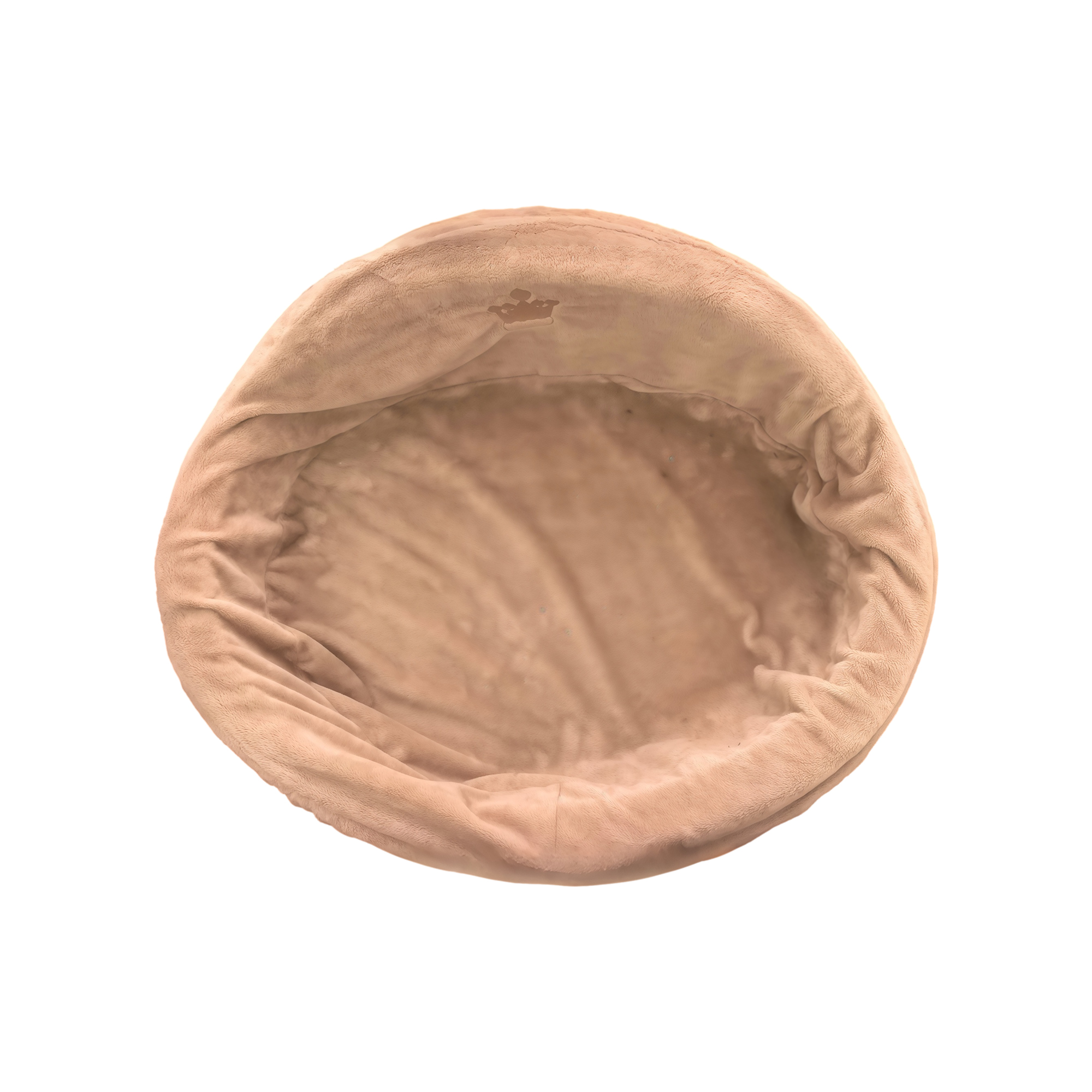 Representative pet products sample: a round, soft beige pet-bed form with a plush fabric surface and a small crown mark
